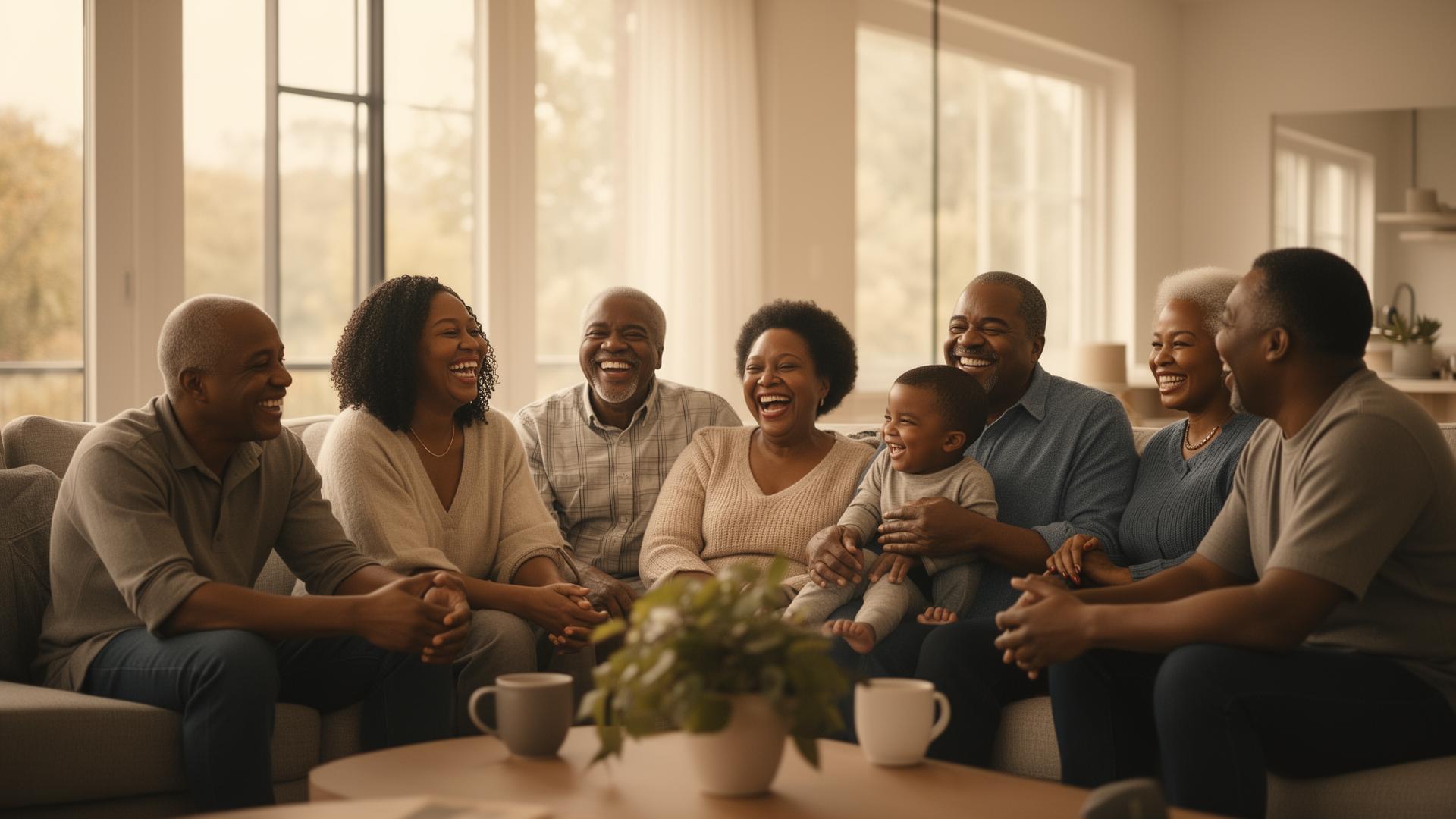 A multi-generational family laughing together at home